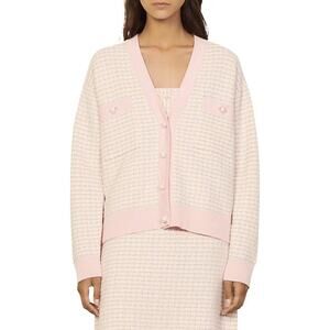 SANDRO Paris Tweed Knit Pearl Button Cardigan Pink Preppy FR 1 / US Small